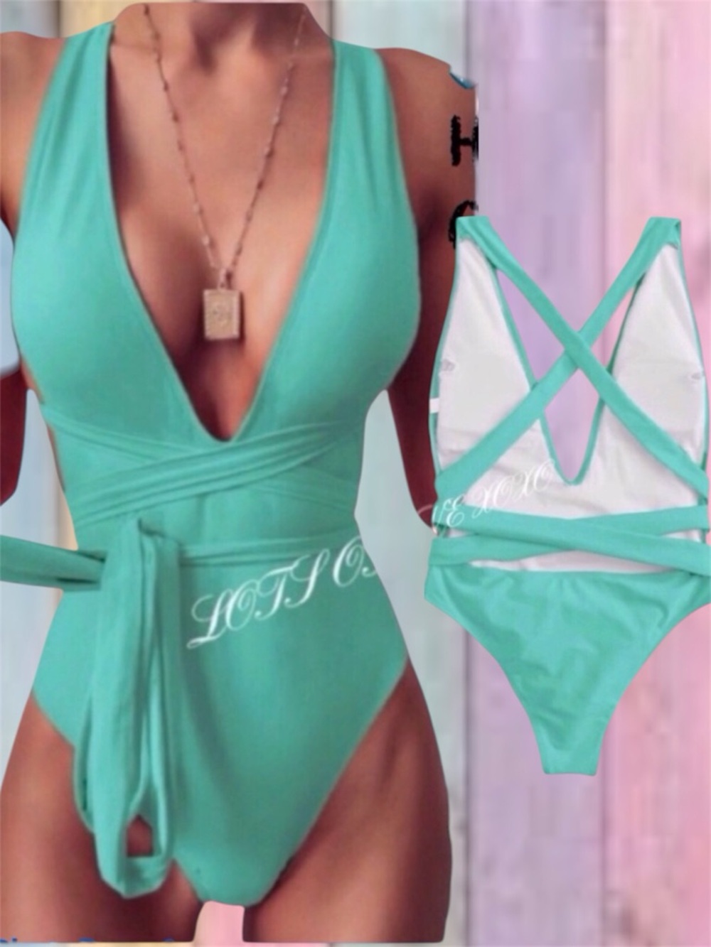 Mint Green Lined Deep V Criss Cross One Piece Swimsuit New
